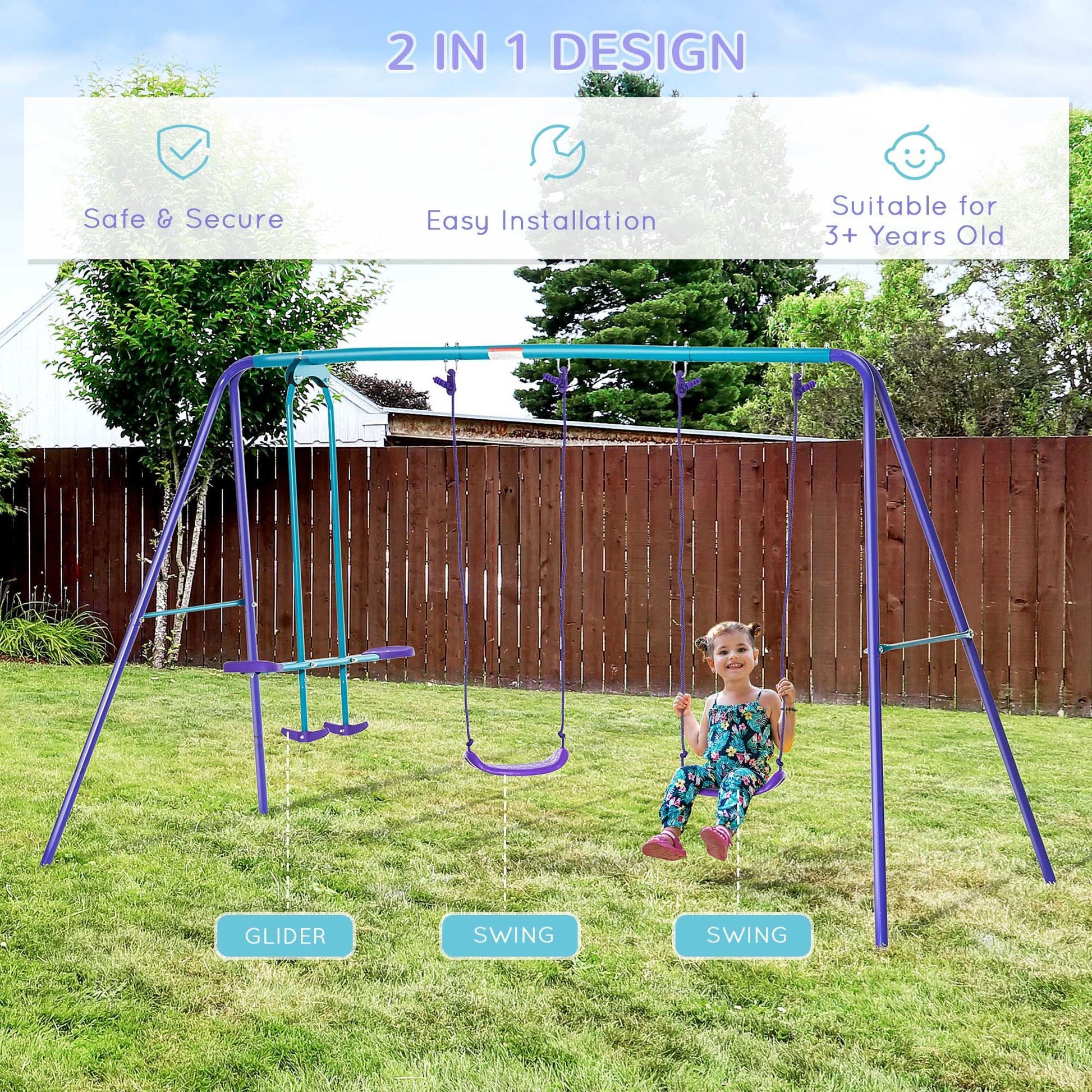 Outsunny Metal Swing Set with Glider, Two Swing Seats and Adjustable Height, Outdoor Heavy Duty A-Frame Suitable for Playground, Backyard, Purple - Discount Msrp 