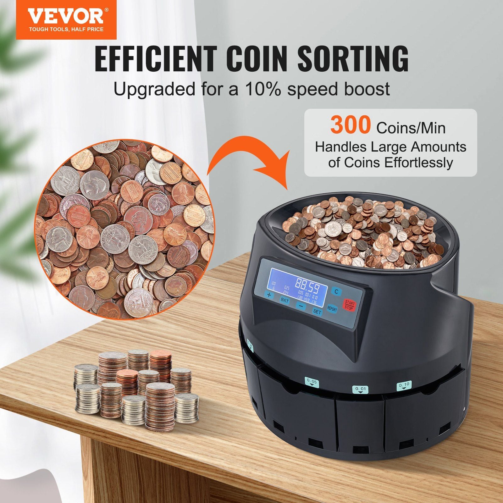 VEVOR USD Coin Sorter Coin Counter Wrapper and Roller 300 Coins/min LCD Display - Discount Msrp 