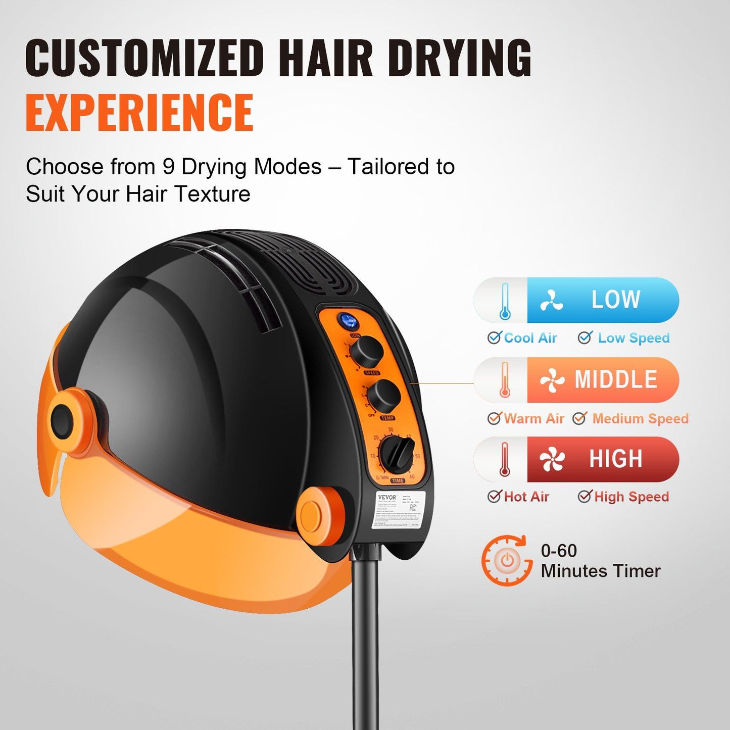 VEVOR Ionic Hooded Dryer, 1875W Professional Bonnet Hair Dryer, Sit Under Hair Dryer with Timer, 3 Temp Settings & Wind Speed, Floor Standing Rolling Base with Wheels for Beauty Salon Home Spa - Discount Msrp 
