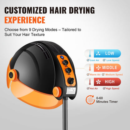 VEVOR Ionic Hooded Dryer, 1875W Professional Bonnet Hair Dryer, Sit Under Hair Dryer with Timer, 3 Temp Settings & Wind Speed, Floor Standing Rolling Base with Wheels for Beauty Salon Home Spa - Discount Msrp 