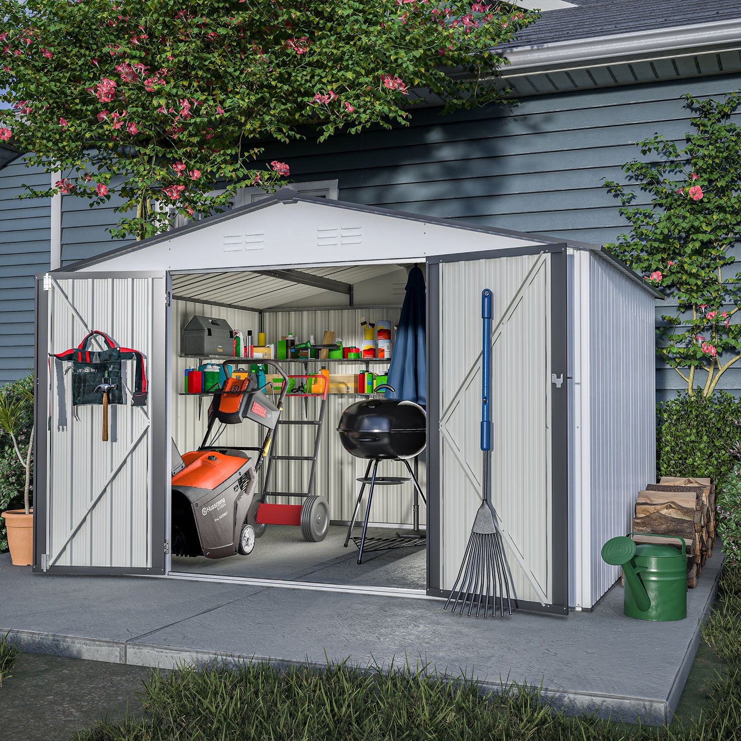 10X8 FT Outdoor Storage Shed, All Weather Metal Sheds with Lockable Doors, Tool Shed for Garden, Patio, Backyard, Lawn, Grey - Discount Msrp 