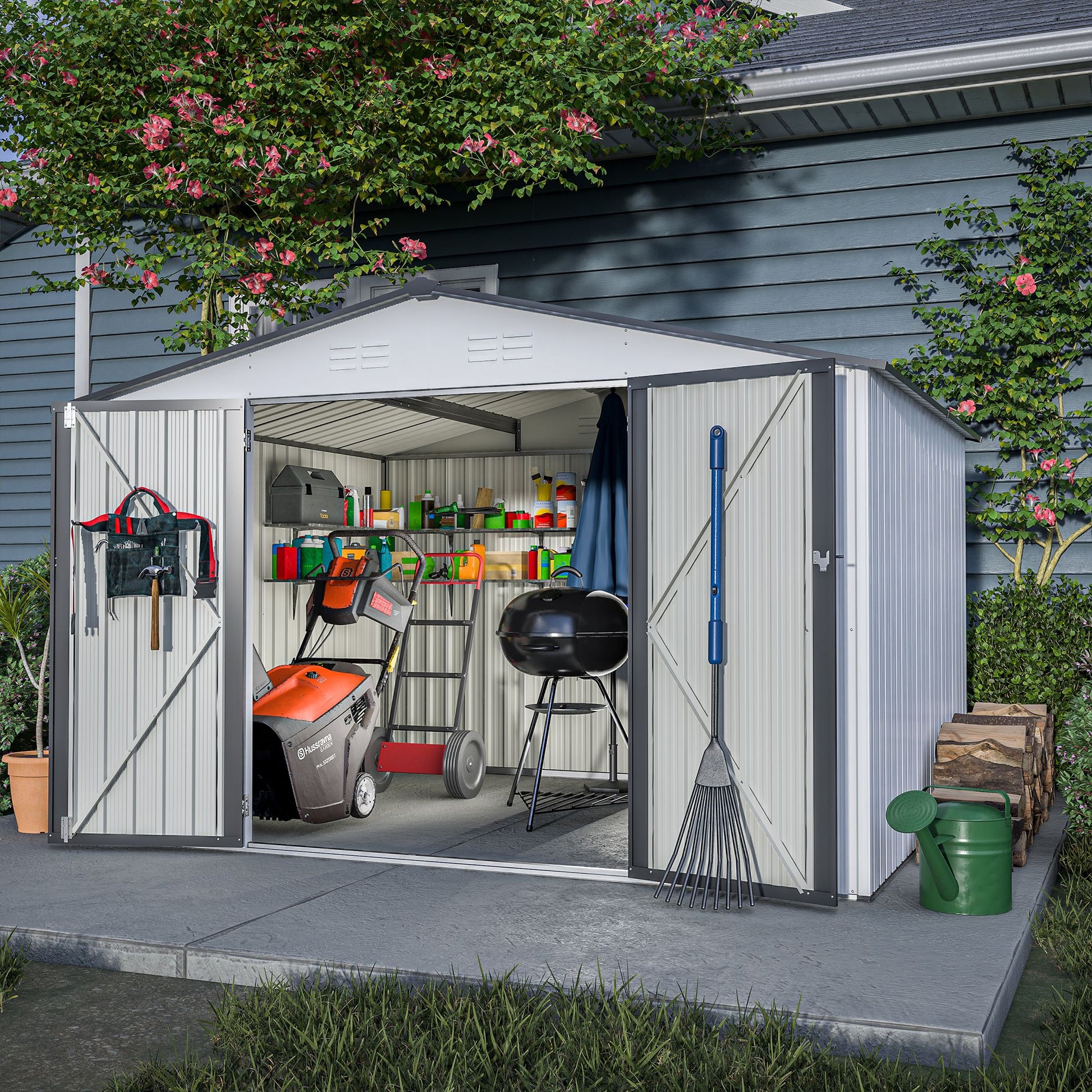 10X8 FT Outdoor Storage Shed, All Weather Metal Sheds with Lockable Doors, Tool Shed for Garden, Patio, Backyard, Lawn, Grey - Discount Msrp 