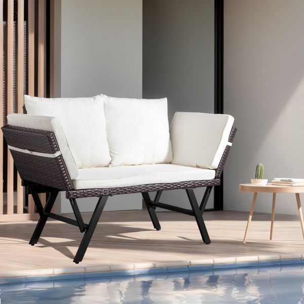 Outdoor Sofa, Woven Rattan Patio Furniture, Convertible Daybed or Double Chair with Adjustable Armrests, Cushions and Pillows for Yard Porch Pool, Gray Lounger & Beige Cushion - Discount Msrp 
