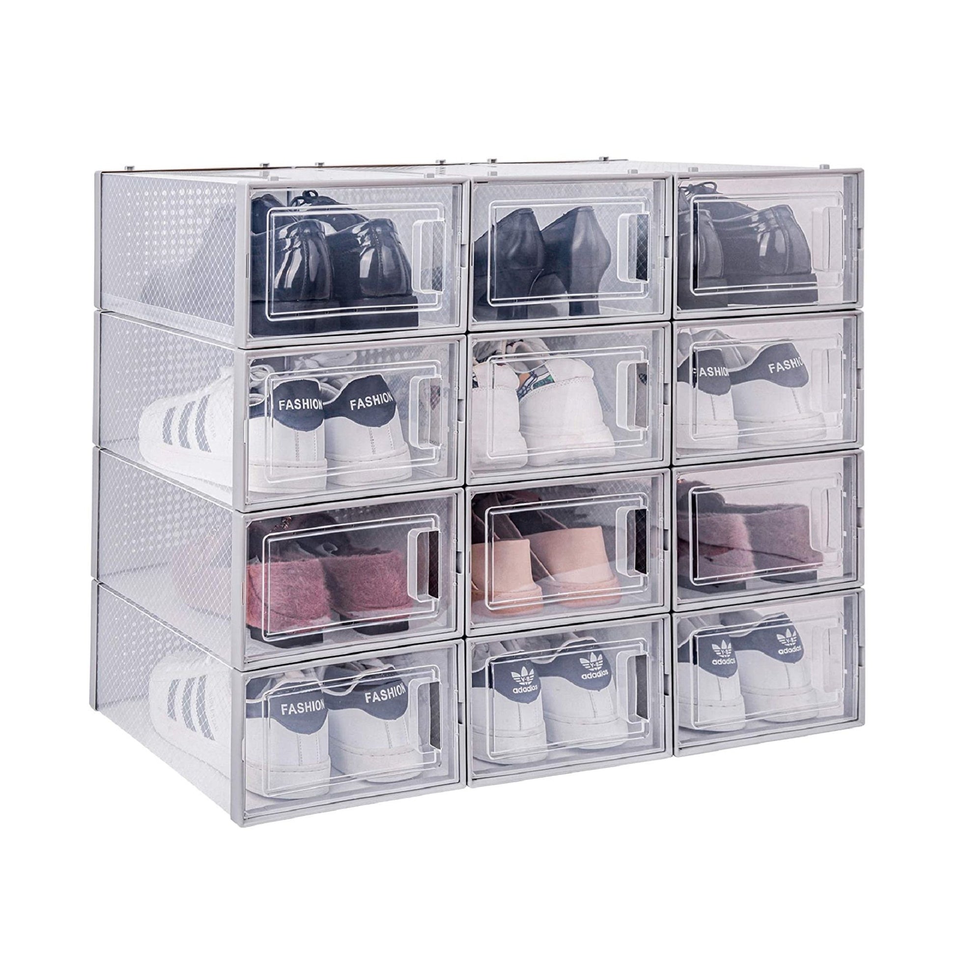 Set of 12 Stackable Clear Plastic Transparent Shoe Storage Box in Home - Discount Msrp 