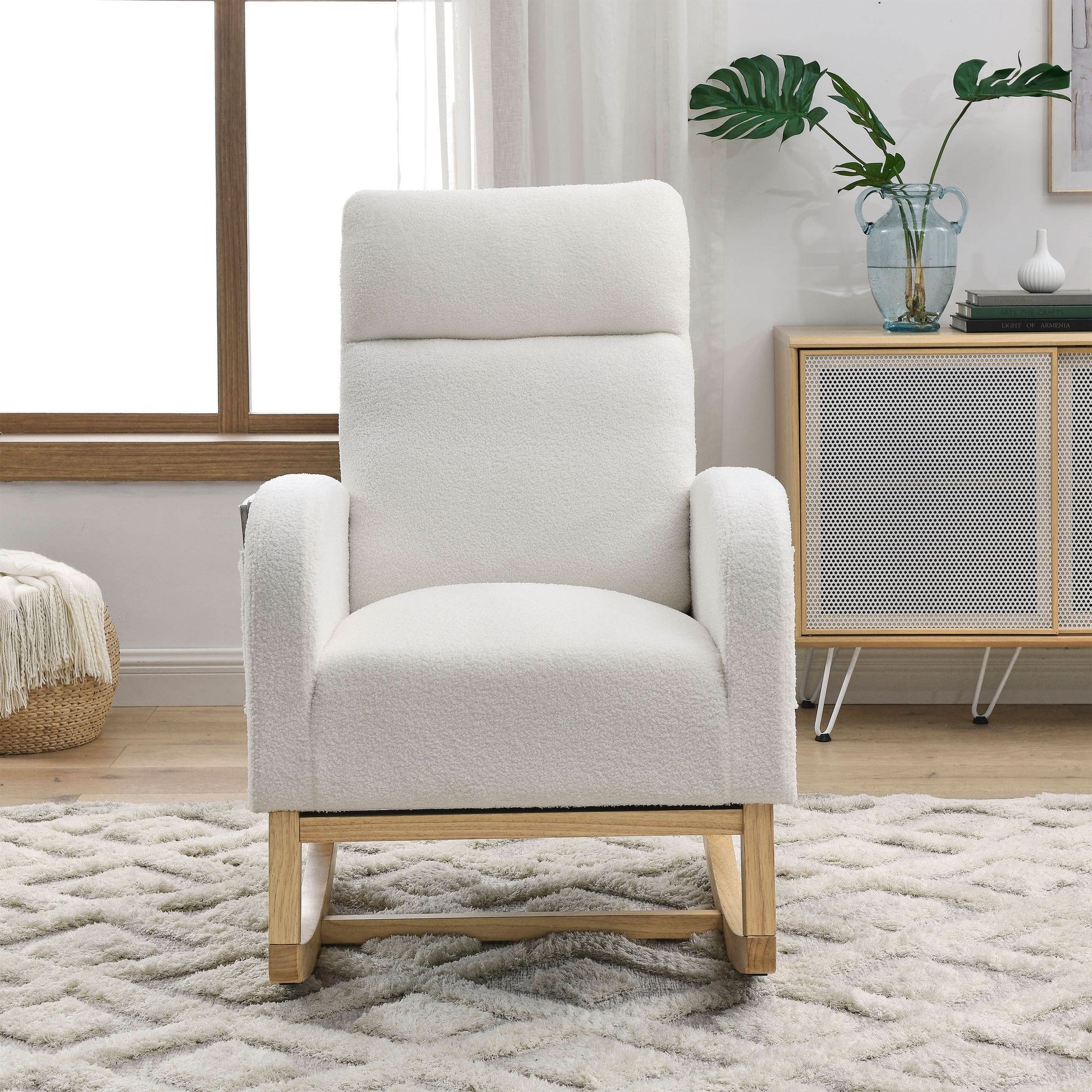 [Video] Welike 27.6"W Modern Accent High Backrest Living Room Lounge Arm Rocking Chair, Two Side Pocket ,Teddy White (Ivory) - Discount Msrp 