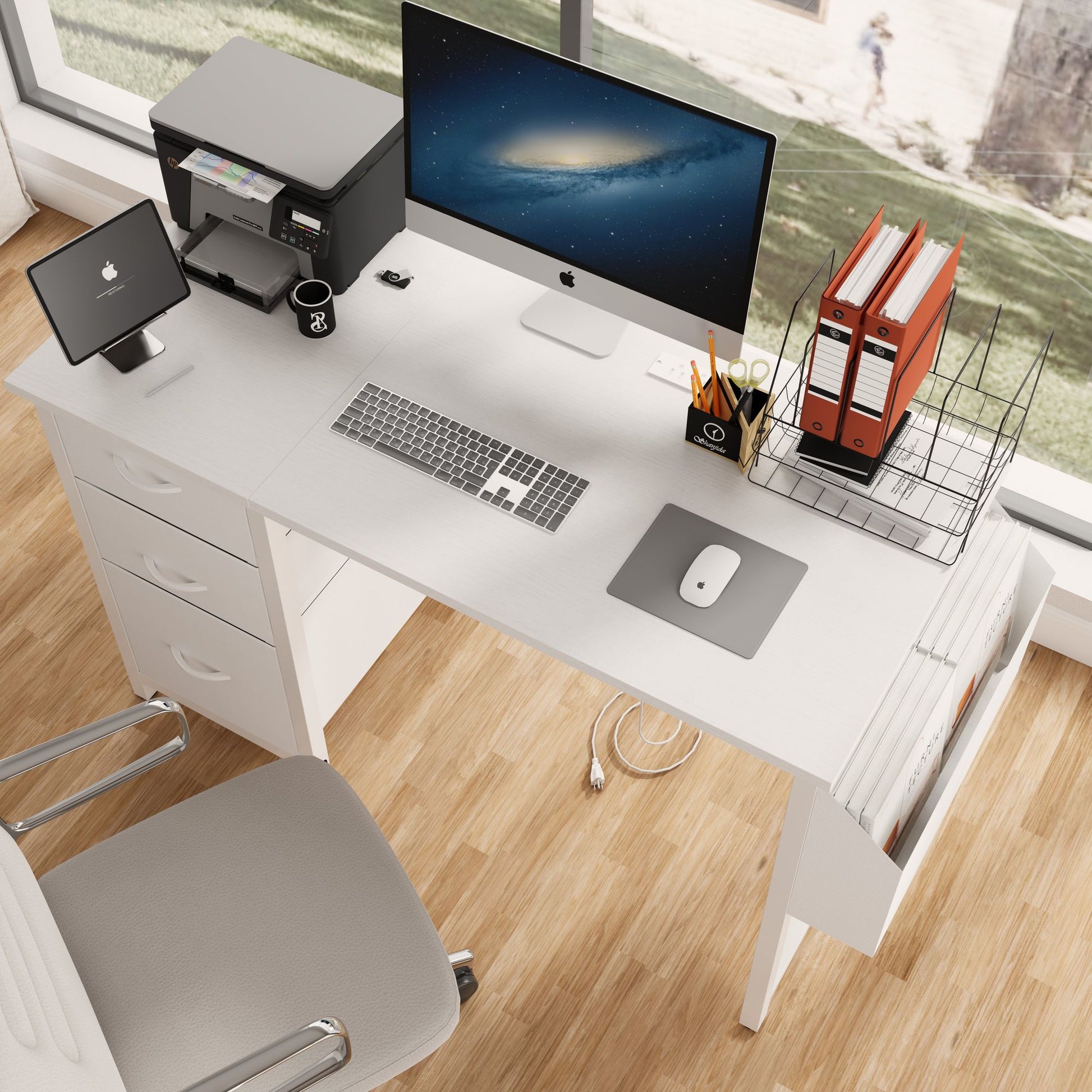 47"office desk with power outlet,3 drawers,Side Pocket, Study Desk Easy to Assemble,Frame stability Reversible for home desk, company computer desk, game table,Vanity table, white - Discount Msrp 