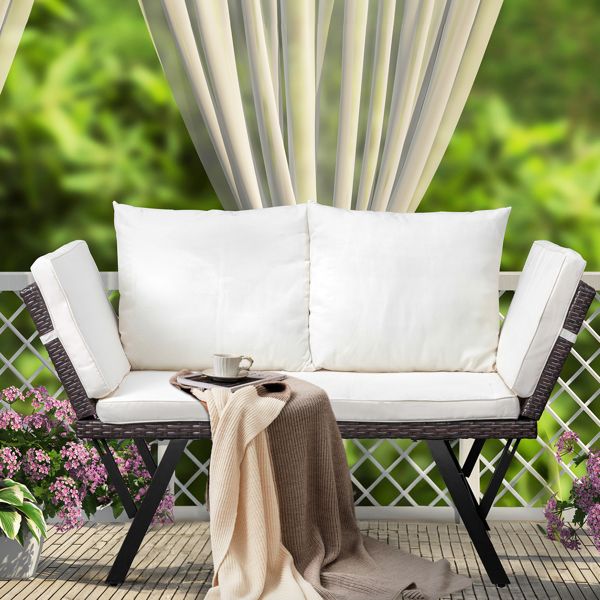 Outdoor Sofa, Woven Rattan Patio Furniture, Convertible Daybed or Double Chair with Adjustable Armrests, Cushions and Pillows for Yard Porch Pool, Gray Lounger & Beige Cushion - Discount Msrp 