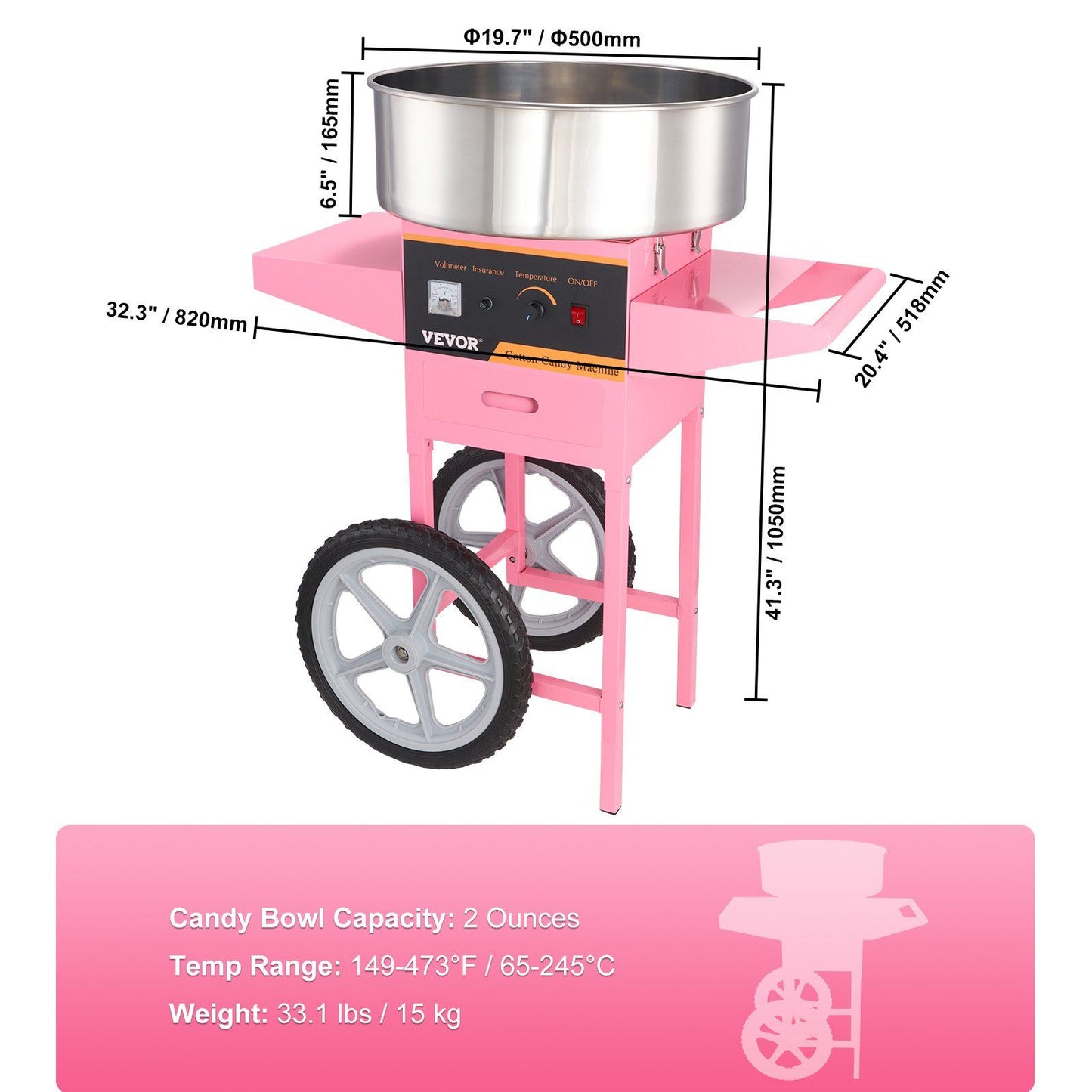 VEVOR Electric Cotton Candy Machine with Cart, 1000W Commercial Floss Maker with Stainless Steel Bowl, Sugar Scoop and Drawer, Perfect for Home, Kids Birthday, Family Party, Pink - Discount Msrp 