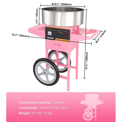 VEVOR Electric Cotton Candy Machine with Cart, 1000W Commercial Floss Maker with Stainless Steel Bowl, Sugar Scoop and Drawer, Perfect for Home, Kids Birthday, Family Party, Pink - Discount Msrp 