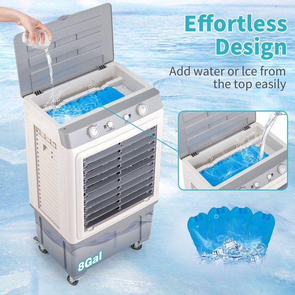 3 in 1 Portable Evaporative Cooler,Indoor,Outdoor,2353CFM Personal Air Cooler,7.9 Gal Large Water Tank & Scroll Casters, 4 Ice Packs,White, Manual control - Discount Msrp 