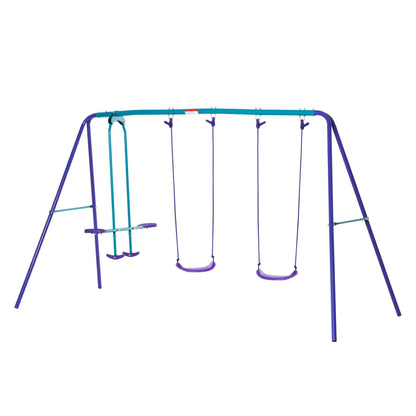 Outsunny Metal Swing Set with Glider, Two Swing Seats and Adjustable Height, Outdoor Heavy Duty A-Frame Suitable for Playground, Backyard, Purple - Discount Msrp 