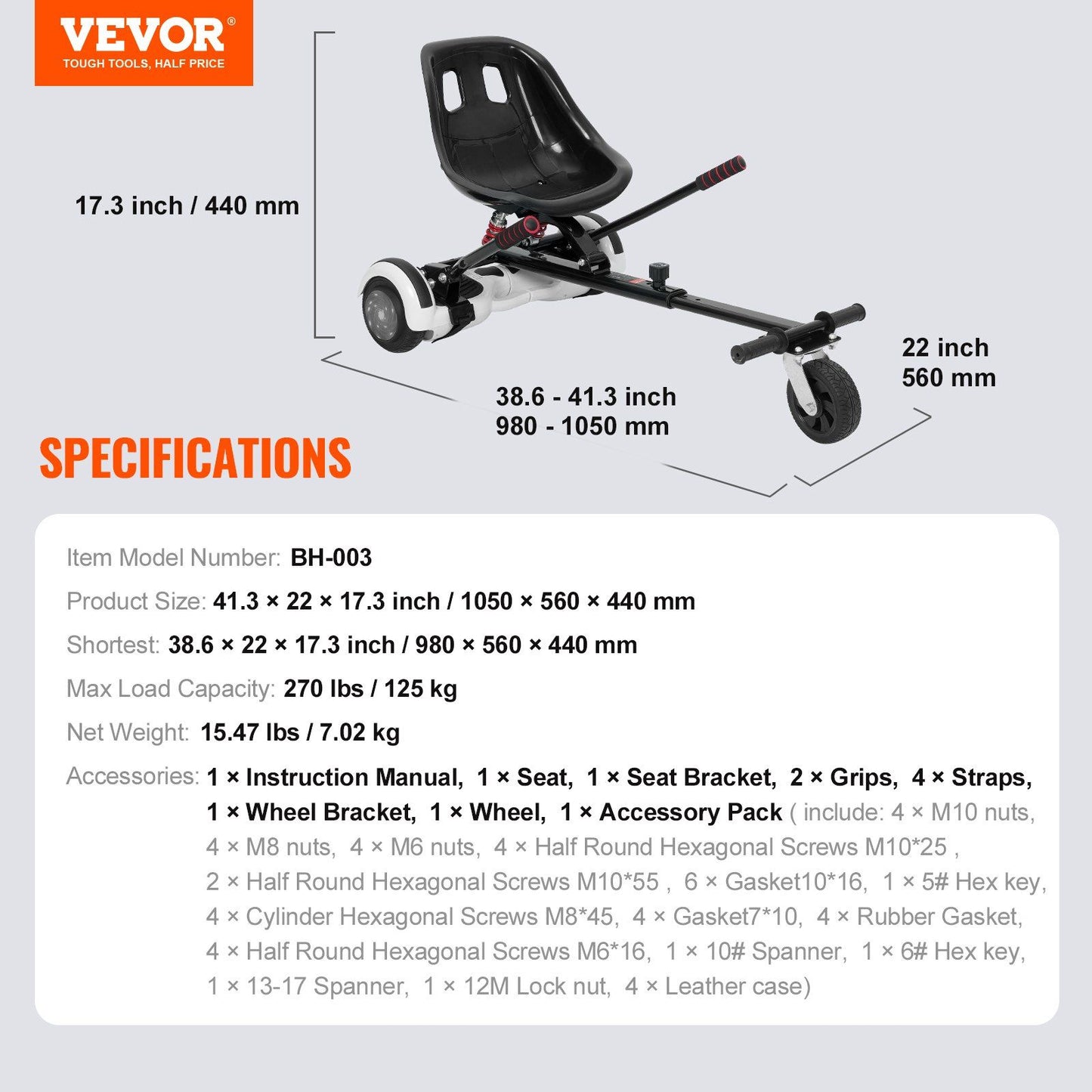 VEVOR Hoverboard Seat Attachment, for 6.5" 8" 8.5" 10" Hoverboards, Dual Shock Absorption System, Grips Control, Adjustable Length 270 LBS load Capacity, Hover Board Buggy Attachment, for Kids Adults - Discount Msrp 