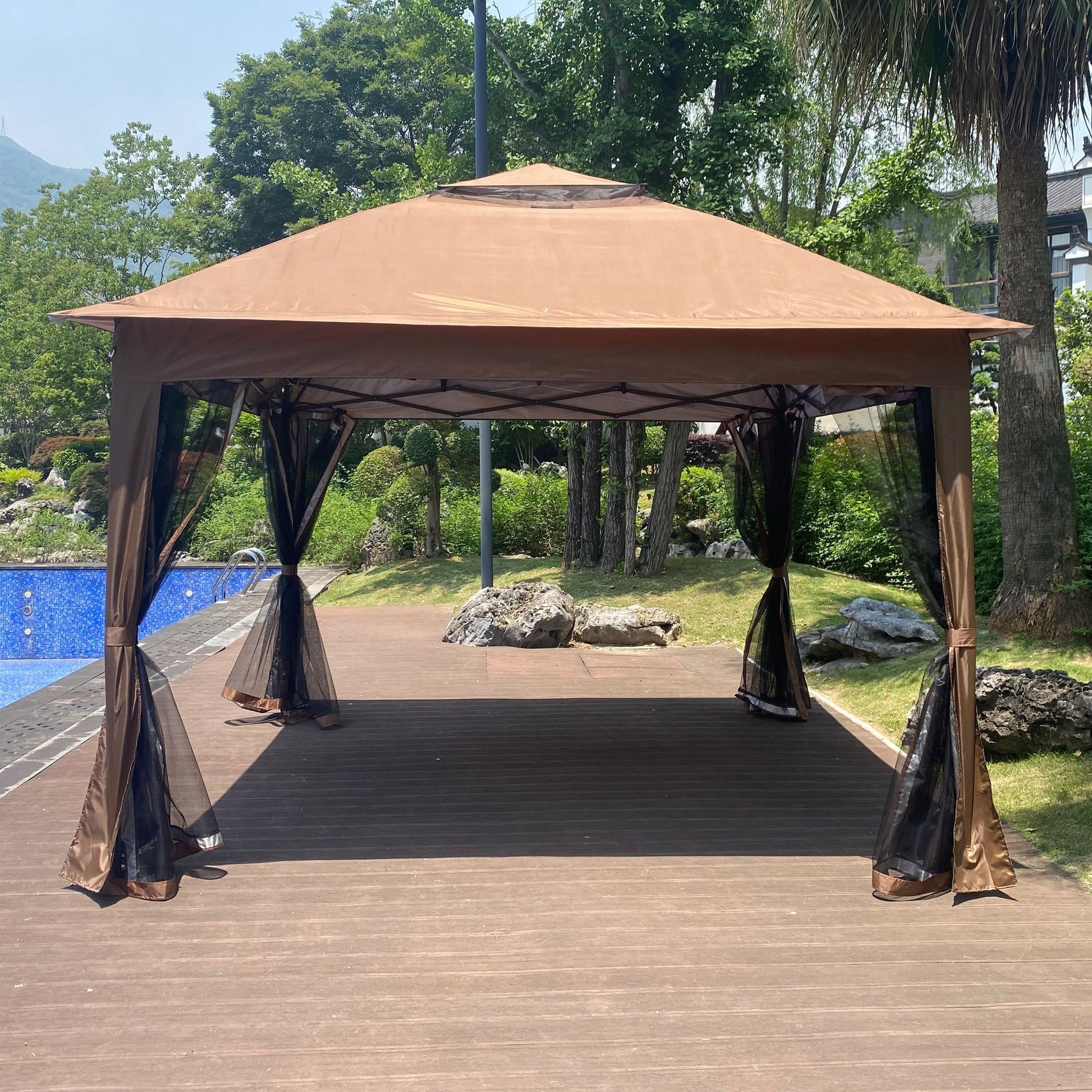 Outdoor 11x 11Ft Pop Up Gazebo Canopy With Removable Zipper Netting,2-Tier Soft Top Event Tent,Suitable For Patio Backyard Garden Camping Area with 4 Sandbags,Brown - Discount Msrp 