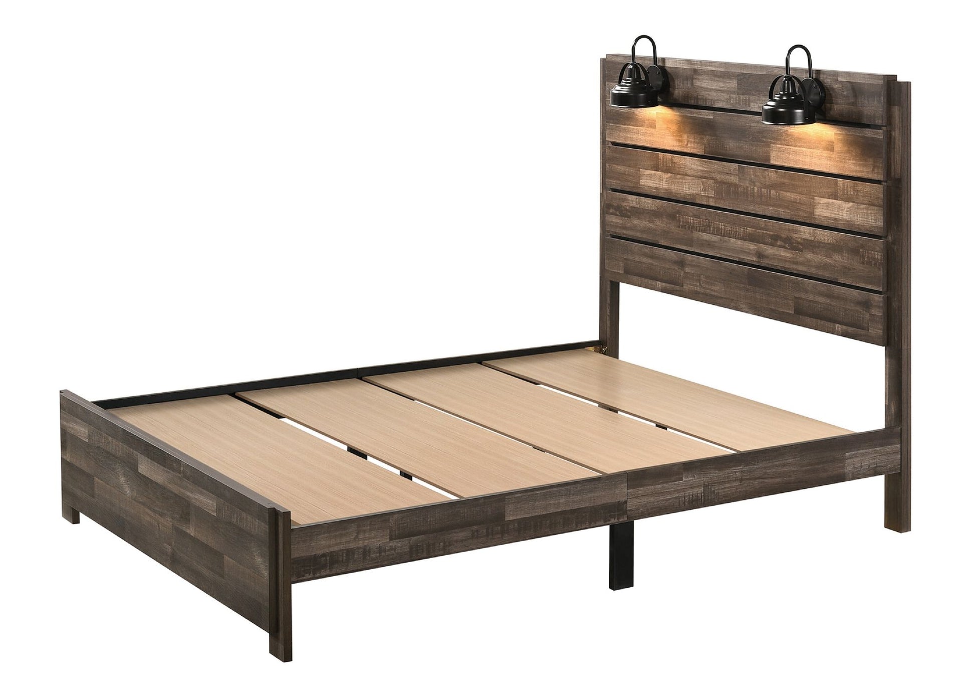 1pc Rustic Style Butcher Block Finish Weathered Brown Finish Full Size Bed w/ Lamp Wooden Bedroom Furniture - Discount Msrp 