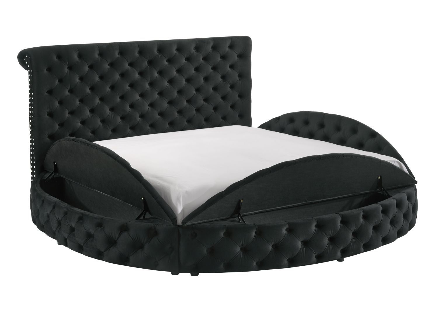 Luxurious 1pc Glam King Size Tufted Headboard Upholstered Storage Round Bed Black Footboard Storage Wooden Bedroom Furniture - Discount Msrp 