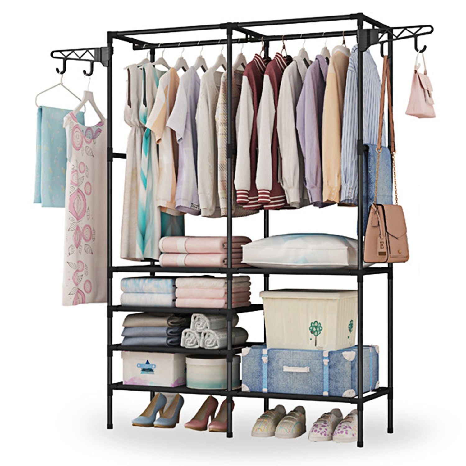 Metal Garment Rack Shoe Clothing Organizer Shelves Freestanding Multifunctional Clothes Wardrobe - Discount Msrp 