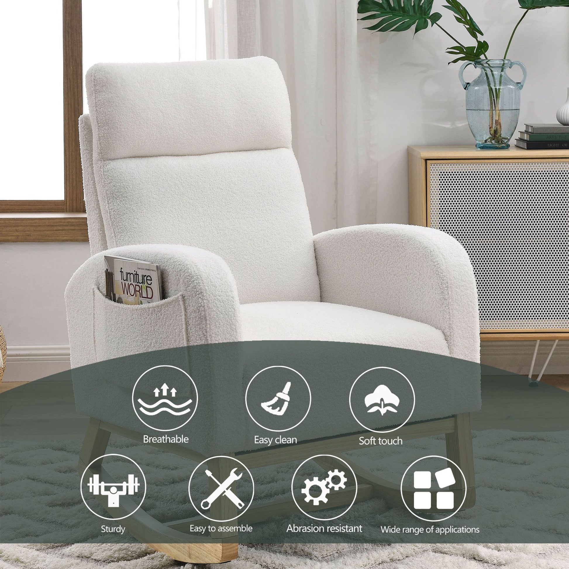 [Video] Welike 27.6"W Modern Accent High Backrest Living Room Lounge Arm Rocking Chair, Two Side Pocket ,Teddy White (Ivory) - Discount Msrp 