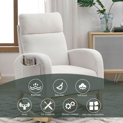 [Video] Welike 27.6"W Modern Accent High Backrest Living Room Lounge Arm Rocking Chair, Two Side Pocket ,Teddy White (Ivory) - Discount Msrp 
