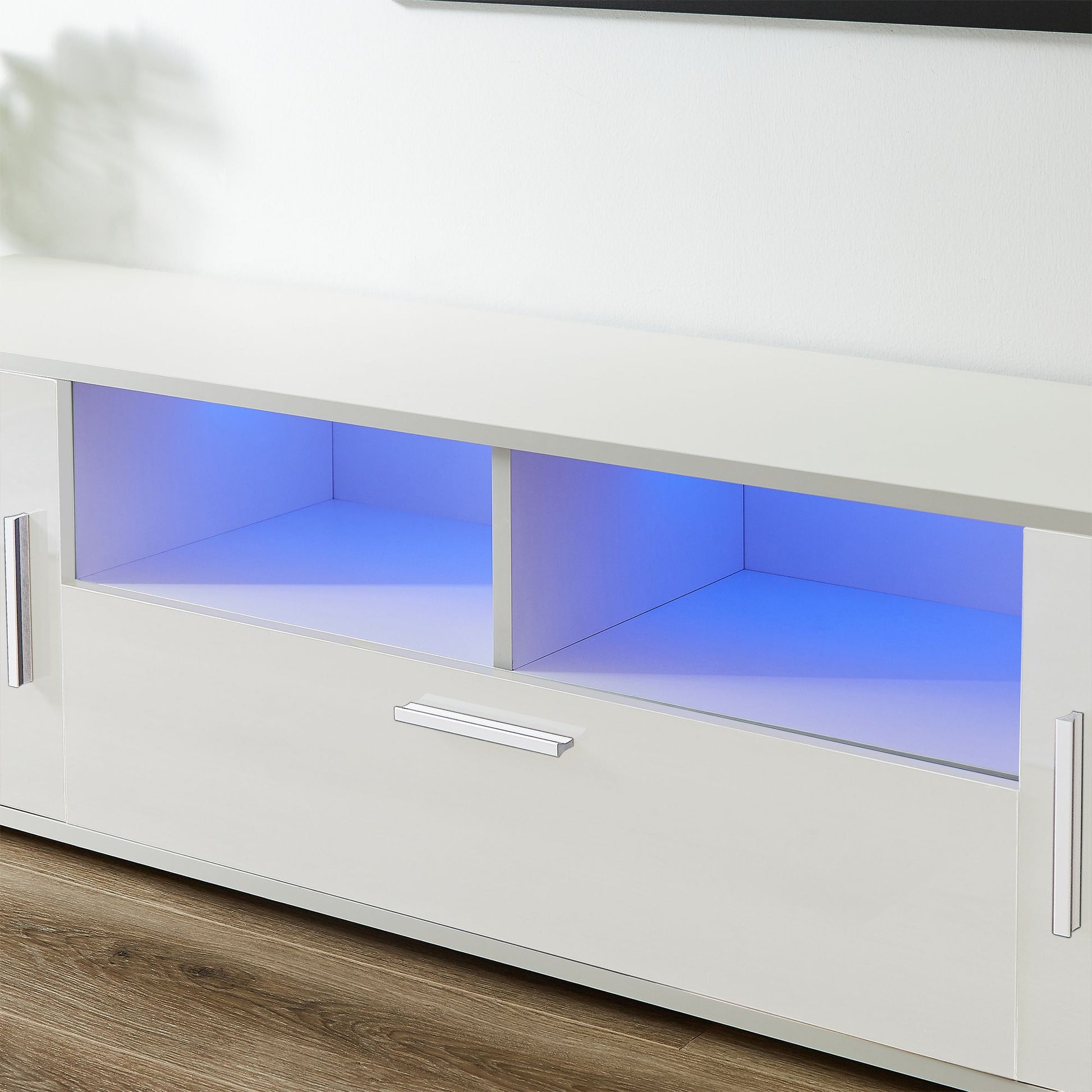 QuickassembleFashionTVstand,TVCabinet,entertainment center TV station,TVconsole,console with LED light belt, light belt can be remote control,with cabinets,open cells,for the living room,bedroom,white - Discount Msrp 
