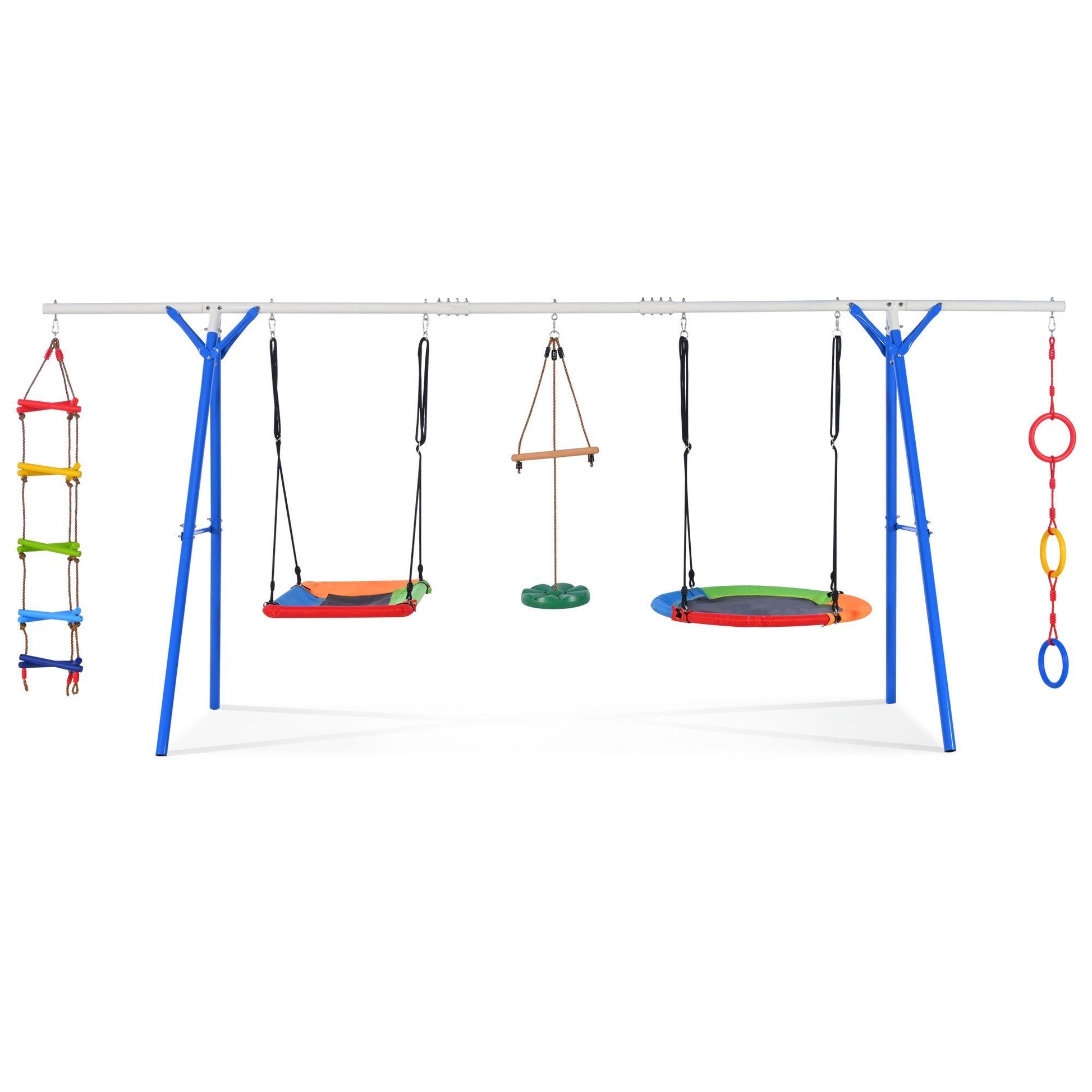5 in 1 Outdoor Toddler Swing Set for Backyard, Playground Swing Sets with Steel Frame, Multifunction Playsets for Kids with Climbing Ladder, Saucer Swing, Monkey Bar Swing, Disc Swing and Swing Ring - Discount Msrp 