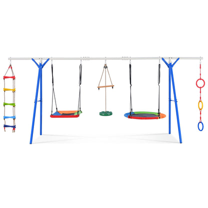 5 in 1 Outdoor Toddler Swing Set for Backyard, Playground Swing Sets with Steel Frame, Multifunction Playsets for Kids with Climbing Ladder, Saucer Swing, Monkey Bar Swing, Disc Swing and Swing Ring - Discount Msrp 