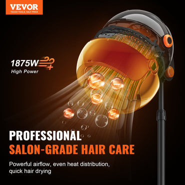 VEVOR Ionic Hooded Dryer, 1875W Professional Bonnet Hair Dryer, Sit Under Hair Dryer with Timer, 3 Temp Settings & Wind Speed, Floor Standing Rolling Base with Wheels for Beauty Salon Home Spa - Discount Msrp 