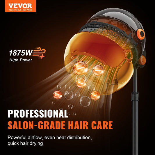 VEVOR Ionic Hooded Dryer, 1875W Professional Bonnet Hair Dryer, Sit Under Hair Dryer with Timer, 3 Temp Settings & Wind Speed, Floor Standing Rolling Base with Wheels for Beauty Salon Home Spa - Discount Msrp 