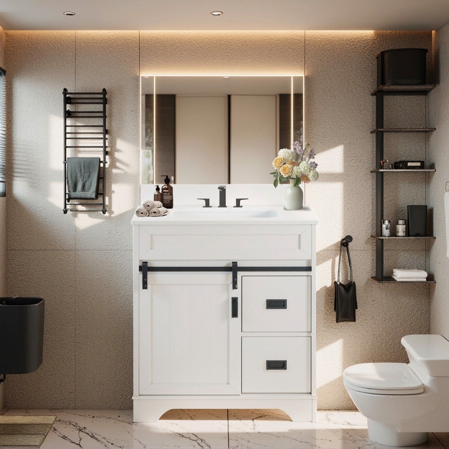 [VIDEO provided]30" Bathroom Vanity with Single Sink Combo, Farmhouse Undermount Bathroom Sink Cabinet with Sliding Barn Doors and 2 Drawers, Freestanding Bathroom Vanities,White - Discount Msrp 