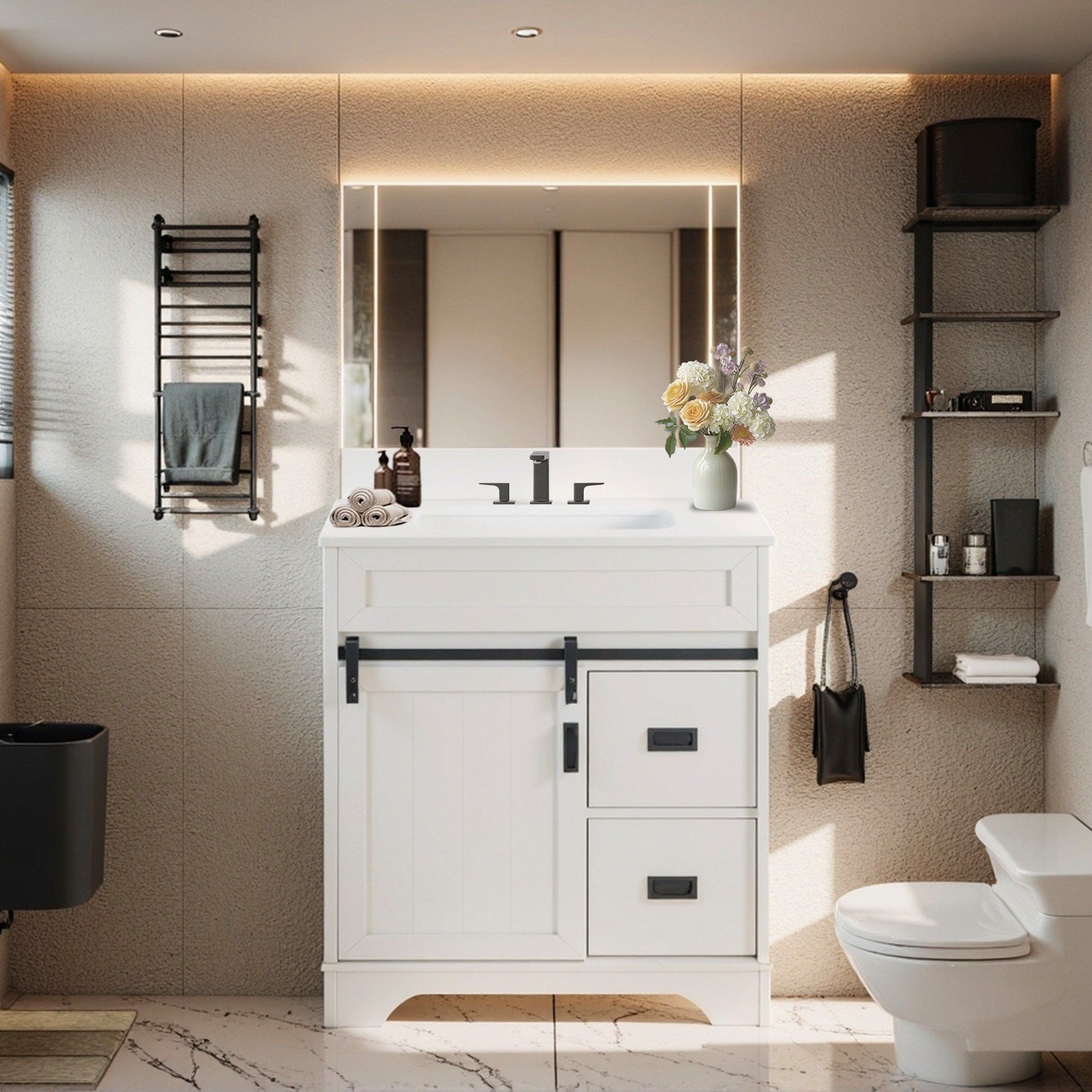 [VIDEO provided]30" Bathroom Vanity with Single Sink Combo, Farmhouse Undermount Bathroom Sink Cabinet with Sliding Barn Doors and 2 Drawers, Freestanding Bathroom Vanities,White - Discount Msrp 