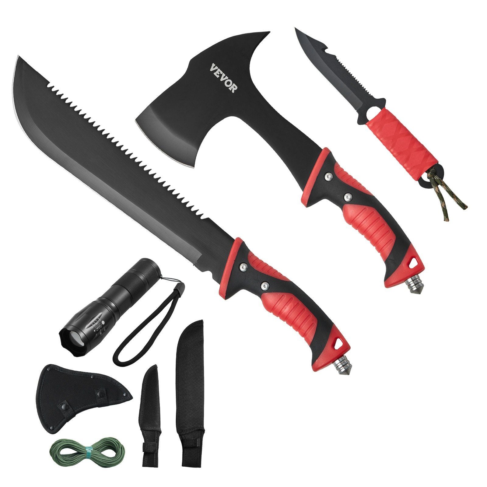 Camping Hatchet Machete Knife Set Sheath Hunting Knife Flashlight Paracord - Discount Msrp 