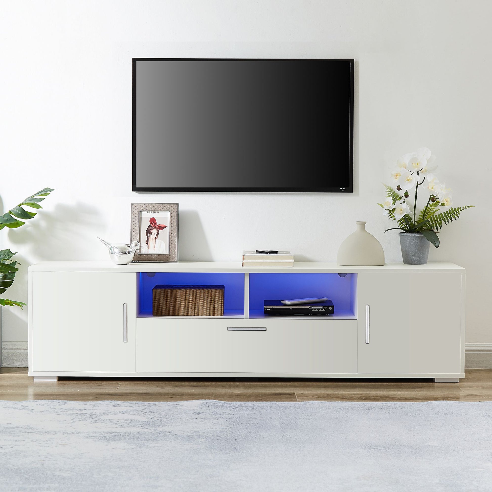 QuickassembleFashionTVstand,TVCabinet,entertainment center TV station,TVconsole,console with LED light belt, light belt can be remote control,with cabinets,open cells,for the living room,bedroom,white - Discount Msrp 
