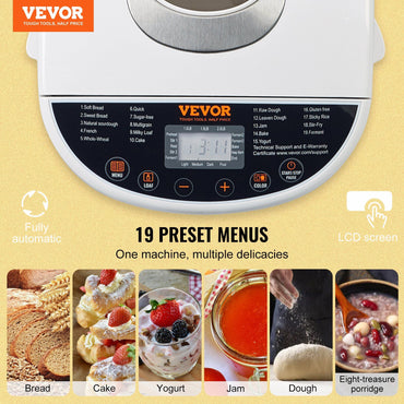 VEVOR Bread Maker, 19-in-1 2LB Dough Machine, Nonstick Ceramic Pan Automatic Breadmaker with Gluten Free Setting, Whole Wheat Bread Making, Digital, Programmable, 3 Loaf Sizes, 3 Crust Colors, White - Discount Msrp 