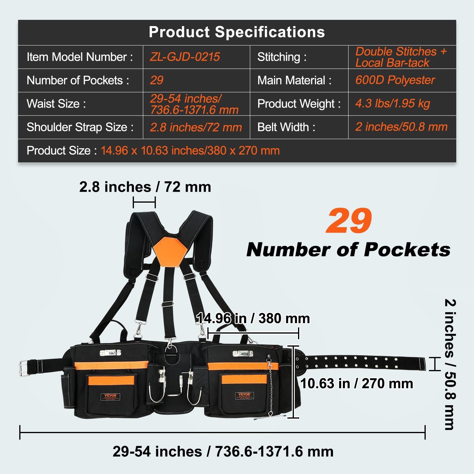 VEVOR Tool Belt with Suspenders, 29 Pockets, 29-54 inches Adjustable Waist Size, Tool Belts for Men, 600D Polyester Heavy Duty Carpenter Tool Pouch for Carpenters, Electricians, and Gardening, Black - Discount Msrp 