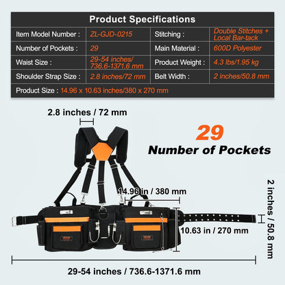 VEVOR Tool Belt with Suspenders, 29 Pockets, 29-54 inches Adjustable Waist Size, Tool Belts for Men, 600D Polyester Heavy Duty Carpenter Tool Pouch for Carpenters, Electricians, and Gardening, Black - Discount Msrp 