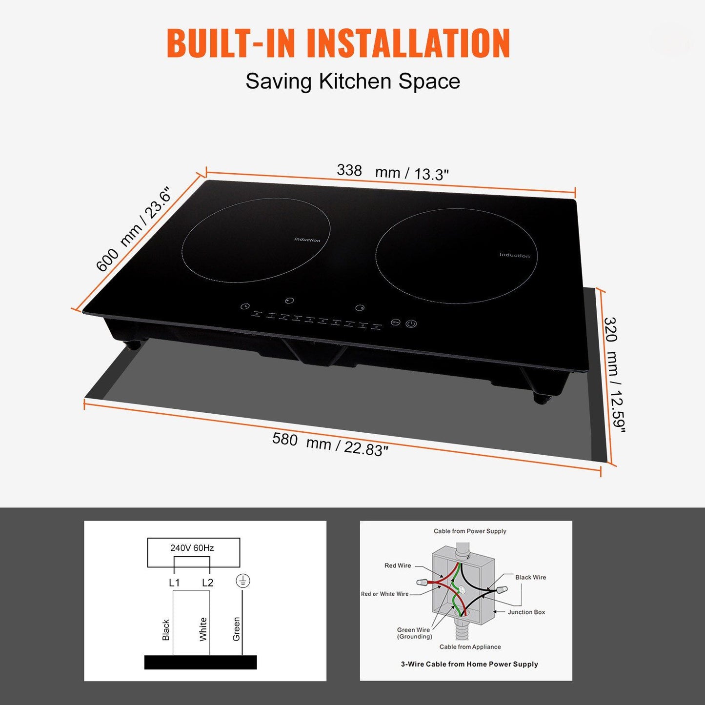 VEVOR Electric Cooktop, 2 Burners, 24'' Induction Stove Top, Built-in Magnetic Cooktop 1800W, 9 Heating Level Multifunctional Burner, LED Touch Screen w/ Child Lock & Over-Temperature Protection - Discount Msrp 
