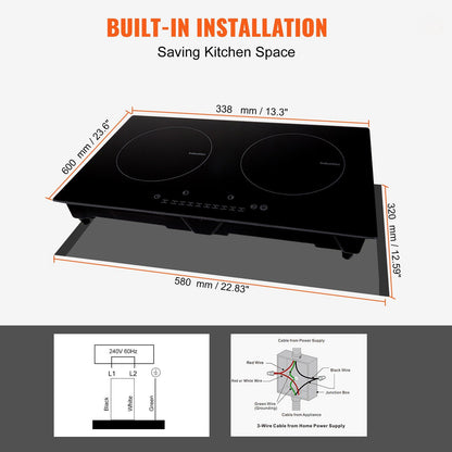 VEVOR Electric Cooktop, 2 Burners, 24'' Induction Stove Top, Built-in Magnetic Cooktop 1800W, 9 Heating Level Multifunctional Burner, LED Touch Screen w/ Child Lock & Over-Temperature Protection - Discount Msrp 