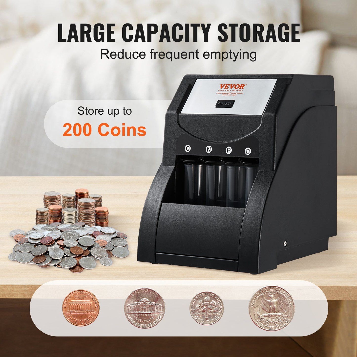 VEVOR USD Coin Sorter, Coin Sorter Machine for USD Coin 1¢ 5¢ 10¢ 25¢, Sorts up to 230 Coins/min, Coin Sorter and Wrapper Machine Holds 200 Coins Included 4 Coin Tubes, Black - Discount Msrp 