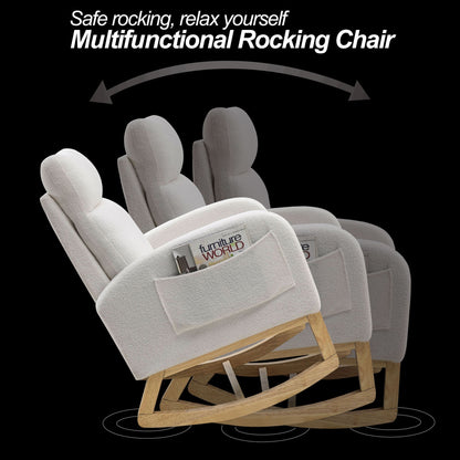 [Video] Welike 27.6"W Modern Accent High Backrest Living Room Lounge Arm Rocking Chair, Two Side Pocket ,Teddy White (Ivory) - Discount Msrp 