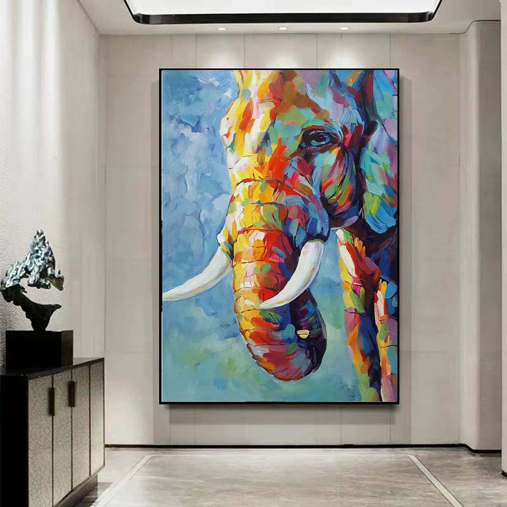 Hand Painted Impressionist Elephant Oil Painting On Canvas- Contemporary Multi-Colored Safari Animal Fine Art Colorful Wall Art For Home Decor - Discount Msrp 