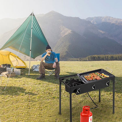 Outdoor Camp Stove High Pressure Propane Gas Cooker Portable Cast Iron Patio Cooking Burner (Three Burner 225000-BTU) - Discount Msrp 