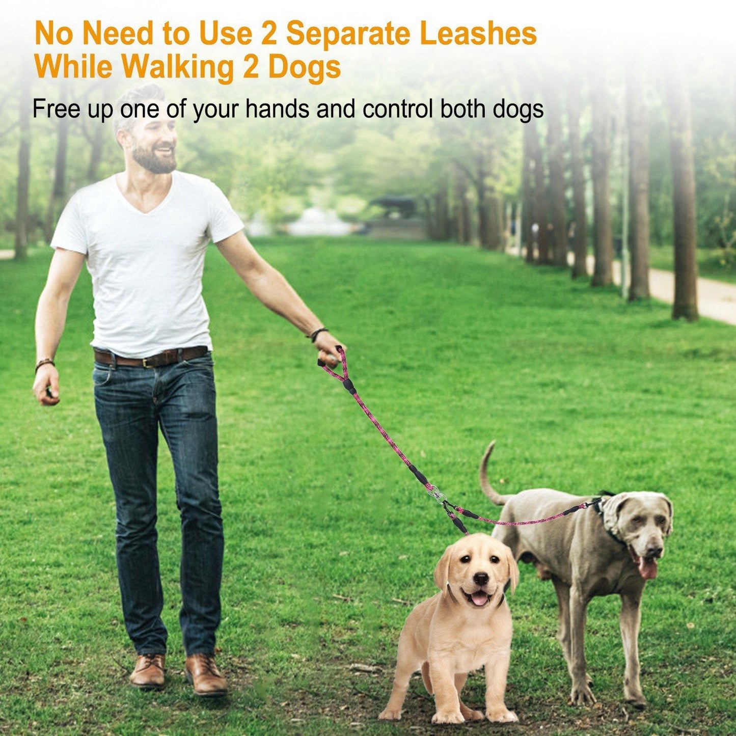 Double Dogs Leash No-Tangle Dogs Lead Reflective Dogs Walking Leash w/ Swivel Coupler Padded Handle - Discount Msrp 