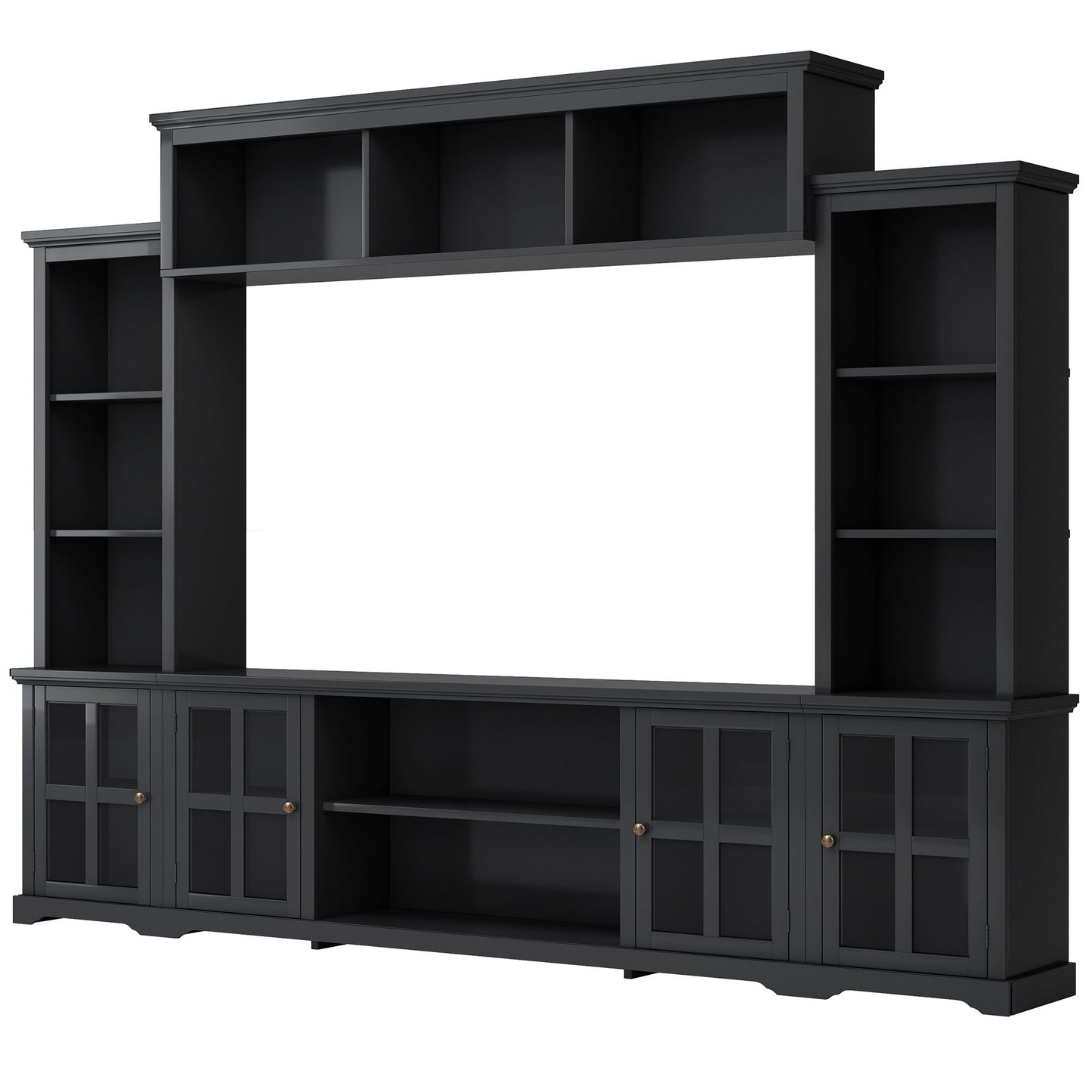 [VIDEO provided] ON-TREND Minimalism Entertainment Wall Unit with Bridge, Modern TV Console Table for TVs Up to 70", Multifunctional TV Stand with Tempered Glass Door, Black (Old SKU: SD000009AAB) - Discount Msrp 