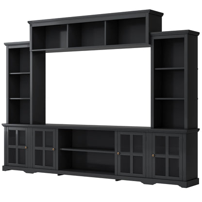 [VIDEO provided] ON-TREND Minimalism Entertainment Wall Unit with Bridge, Modern TV Console Table for TVs Up to 70", Multifunctional TV Stand with Tempered Glass Door, Black (Old SKU: SD000009AAB) - Discount Msrp 