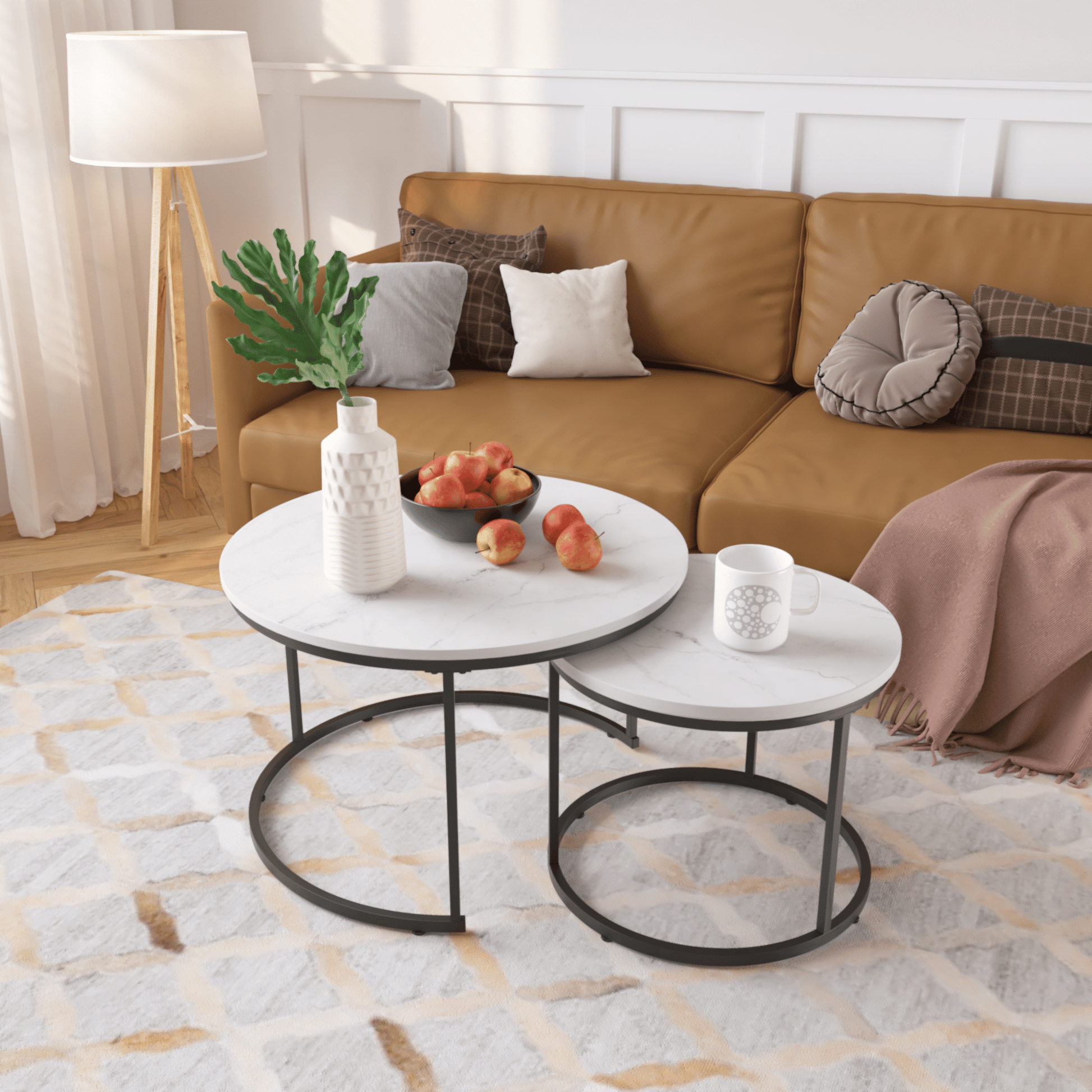 Nesting Coffee Table Set of 2, 27.6inch Round Coffee Table Industrial Wood Finish with Sturdy Metal Frame, End Table Side Tables for Living Room Bedroom Balcony Yard - Discount Msrp 