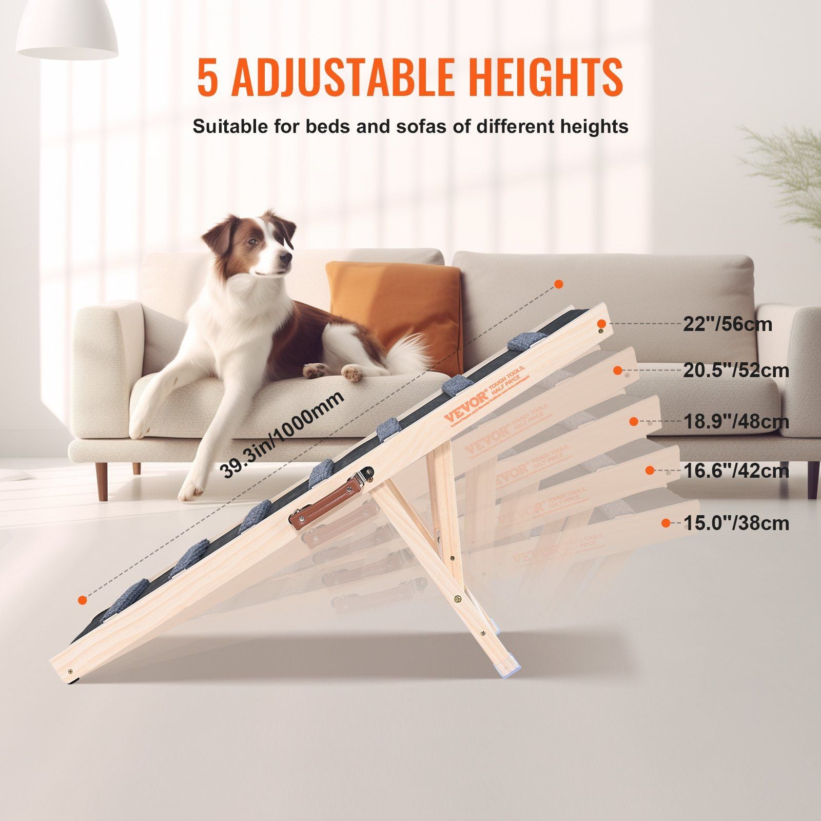 VEVOR Dog Ramp, Folding Pet Ramp for Bed, Adjustable Dog Ramp for Small, Large, Old Dogs & Cats, Wooden Pet Ramp with 39.3" Long Ramp, Adjustable from 15" to 22", Suitable for Couch, Sofa, Car - Discount Msrp 