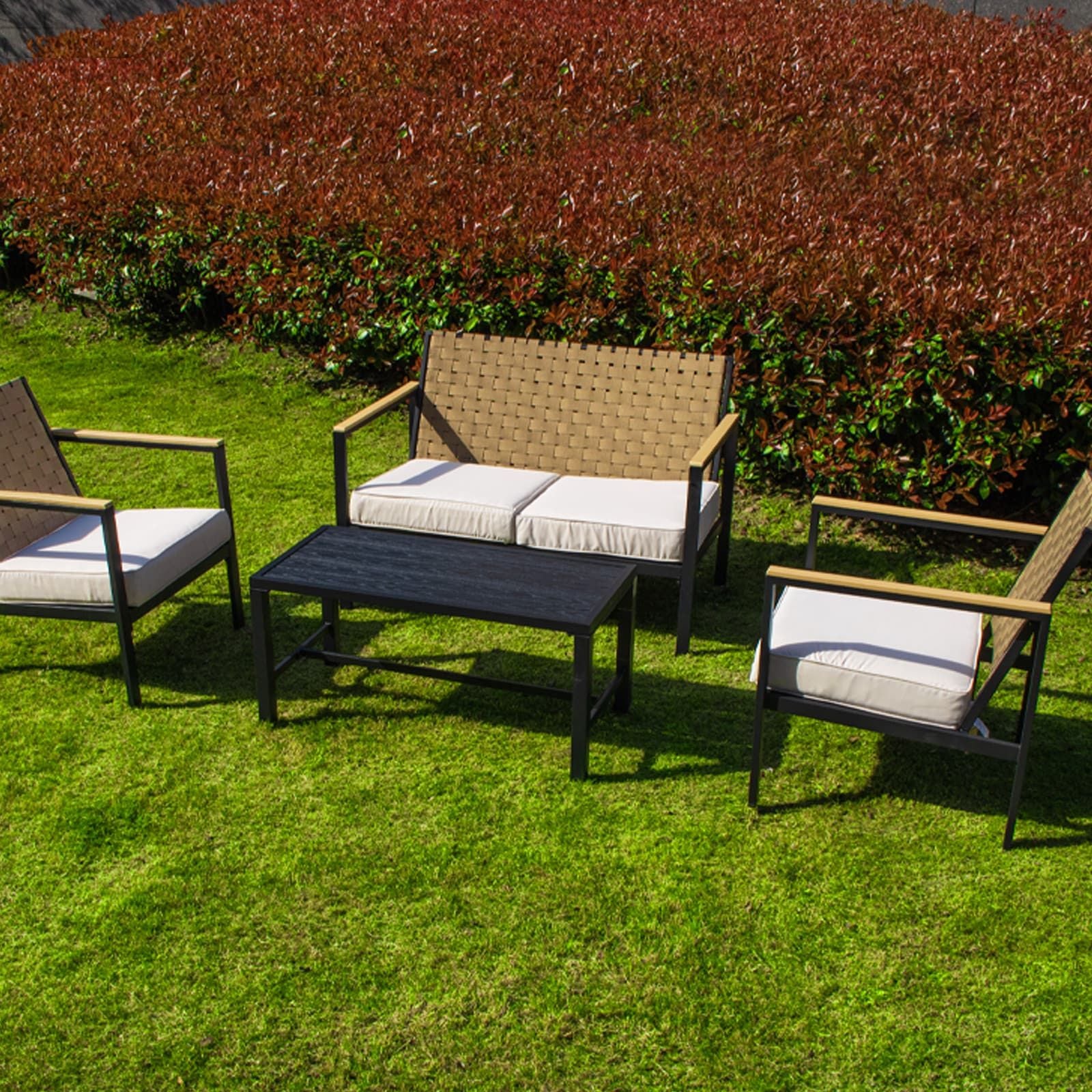 4 Pieces Metal Patio Furniture Set, Hand-Made Drawstring Outdoor Patio Conversation Sets Outside loveseat with Soft Cushion for Garden, Backyard, Porch, Poolside - Discount Msrp 