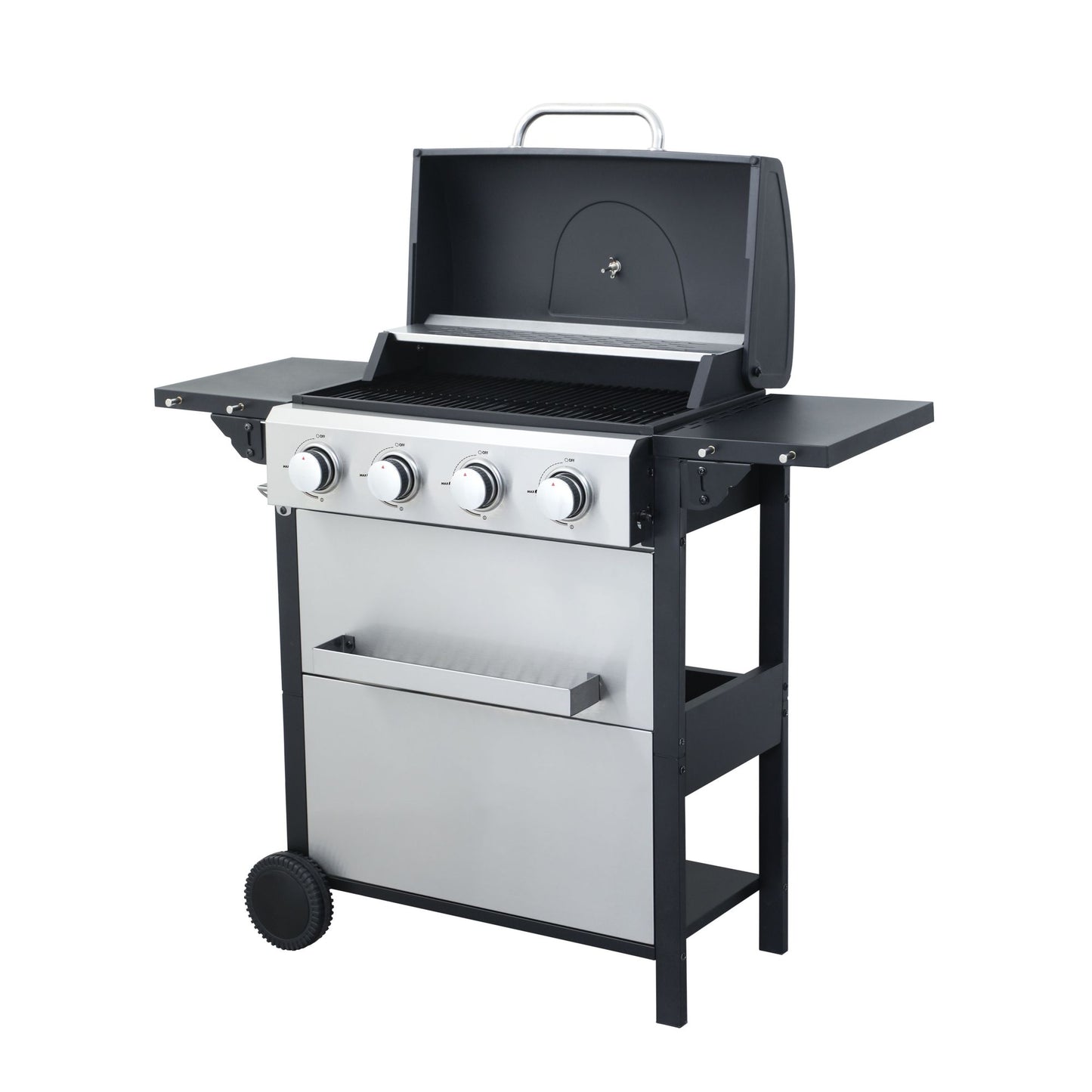 4-Burner Propane Gas BBQ Grill, 34200BTU Output With Wire Enamel Cooking Grids For Outdoor Barbecue, Foldable Side Table, Hanging Basket, Stainless Steel - Discount Msrp 