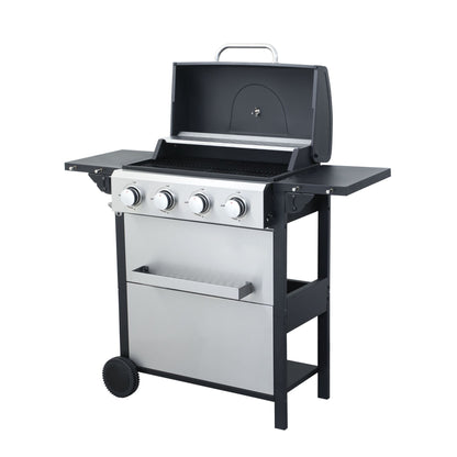4-Burner Propane Gas BBQ Grill, 34200BTU Output With Wire Enamel Cooking Grids For Outdoor Barbecue, Foldable Side Table, Hanging Basket, Stainless Steel - Discount Msrp 