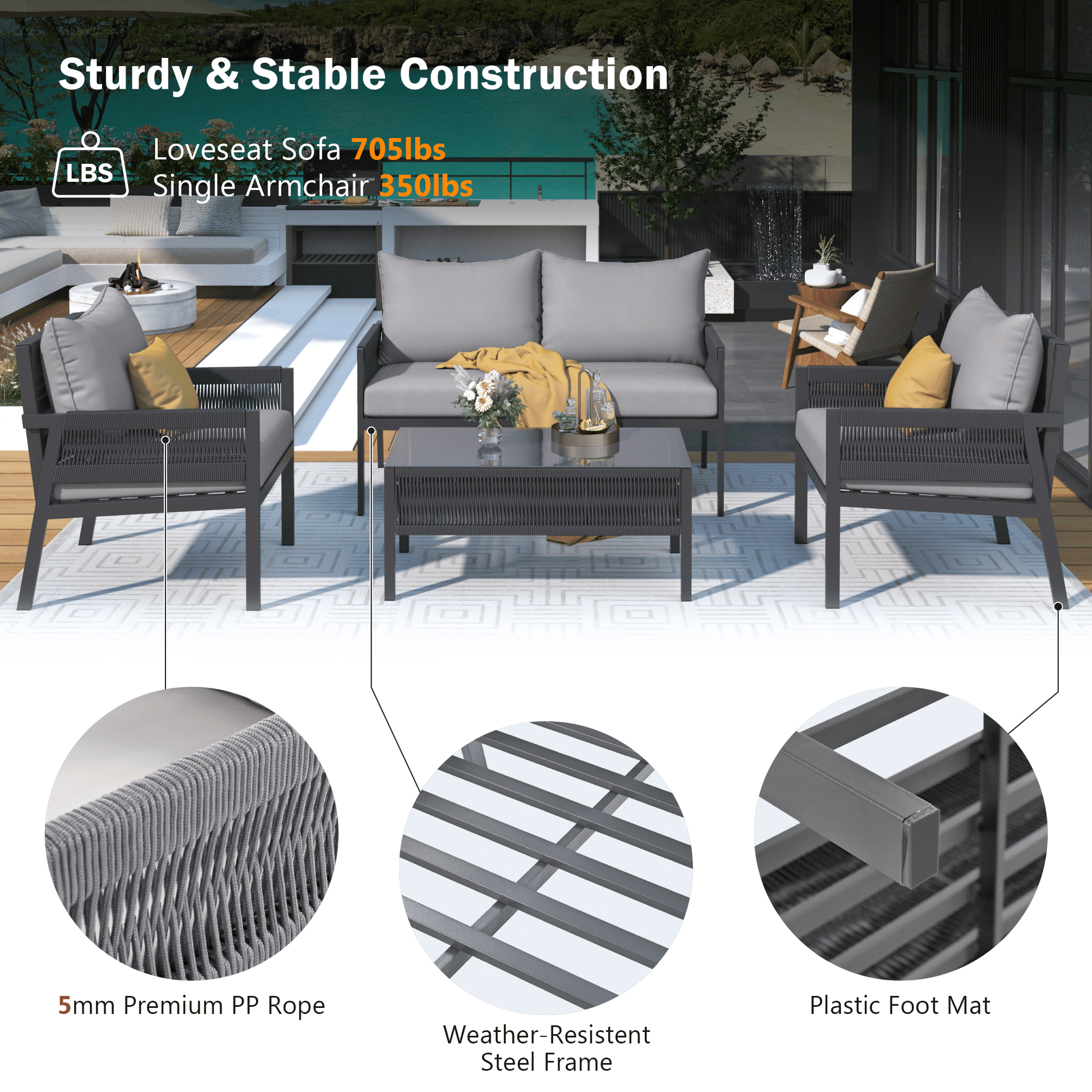 4-Piece Rope Patio Furniture Set, Outdoor Furniture with Tempered Glass Table, Patio Conversation Set Deep Seating with Thick Cushion for Backyard Porch Balcony - Discount Msrp 