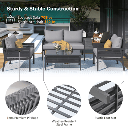 4-Piece Rope Patio Furniture Set, Outdoor Furniture with Tempered Glass Table, Patio Conversation Set Deep Seating with Thick Cushion for Backyard Porch Balcony - Discount Msrp 